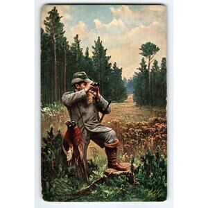 Signed Muller Artist Postcard Hunter with Binoculars & Pheasant 5.5x3.5